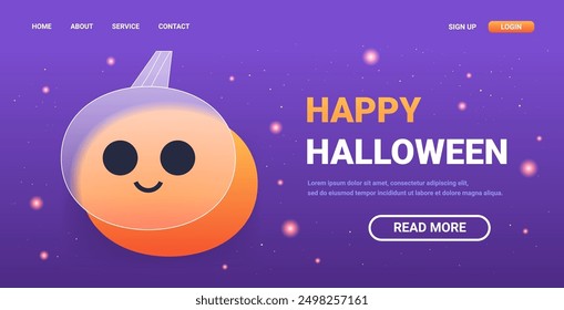 Halloween landing page with cute glass morphism pumpkin. Purple holiday magic banner