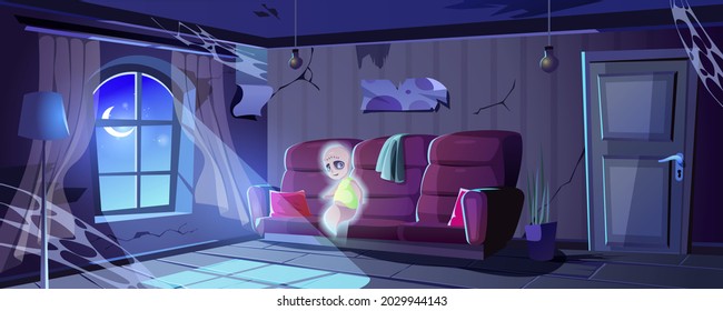 Halloween Landing Page. Ghost In Abandoned Old House. Ruined Room Interior With Cobwebs, Messy Furniture And Moonlit Window. Spooky Scene For Holiday Web Banner Background. Cartoon Vector Illustration