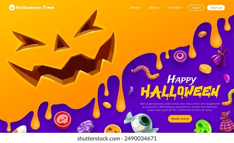 Halloween Landing Page mit Feiertagssüßigkeiten und Bonbons. Gruselige Vektorgrafik Web Banner mit verführerischen Gaumenfreuden, die eine unwiderstehliche Atmosphäre für diejenigen schaffen, die einen süßen Zahn im Geist der Saison haben