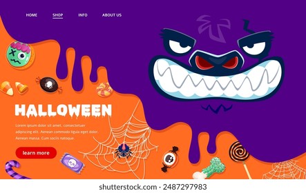 Página de inicio de Halloween o Plantilla de Sitio web de vacaciones con monstruos, fondo de Vector. Noche de horror de Halloween y truco o trato dulces de caramelo, cráneo y araña en telaraña para el diseño de la página de aterrizaje