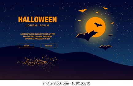 Halloween landing page template with bats flying over full moon background.
