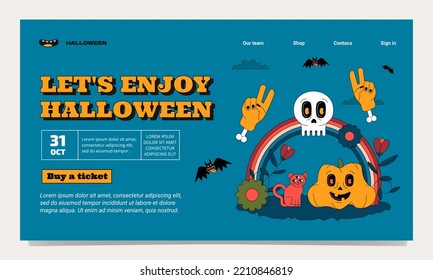 Halloween landing page template with different funny and scary characters. Trendy groovy outlined style.