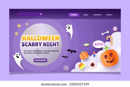 Halloween landing page template papercut style with pumpkin and cute bat. ESP 10 Vector Illustration.