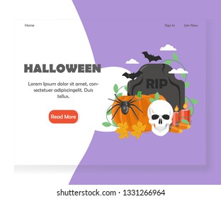 Halloween landing page template. Vector flat style design concept for Halloween website and mobile site development. Pumpkin, gravestone, skull, bats, candles, candy corns, maple leaves, black spider.