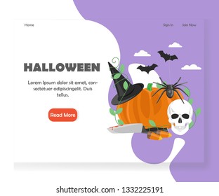 Halloween landing page template. Vector flat style design concept for Halloween website and mobile site development. Black spider, pumpkin, human skull, knife, bats, candy corns and witch hat.