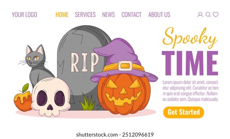 Halloween landing page vector template. Holiday flat illustration with black cat, pumpkin in witch hat, tombstone, skull. For website, web page, online, banner, party, invitation. Isolated background