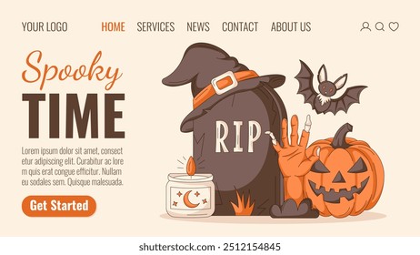 Halloween landing page vector template. Holiday flat illustration with tombstone, witch hat, zombie hand, candle, bat and pumpkin. For website, web page, online, banner, party. Isolated background