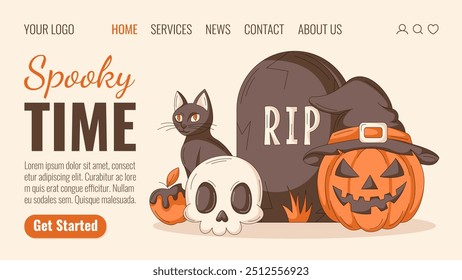 Halloween-Landing-Page-Vektorvorlage. Ferienwohnung Illustration mit Katze, Kürbis in Hexenhut, Grabstein, Schädel. Für Website, Webseite, online, Banner, Party, Einladung, Fest. Einziger Hintergrund