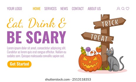 Halloween landing page vector template. Holiday flat illustration with cat, direction sign with text trick or treat, pumpkin, sweets. For website, web page, online, banner, party. Celebration concept