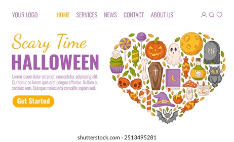 Halloween landing page vector template. Holiday flat illustration, heart shape geometric composition with spooky, scary icons. For website, web page, online, banner, party. October celebration