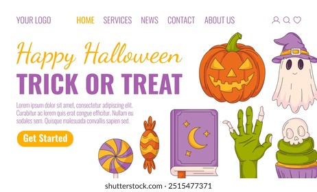 Modelo de vetor de landing page de Halloween. Ilustração plana de férias com abóbora, fantasma em chapéu de bruxa, livro de feitiços, mão zumbi, doces. Para site, página da Web, online, banner, grupo. Truque ou deleite