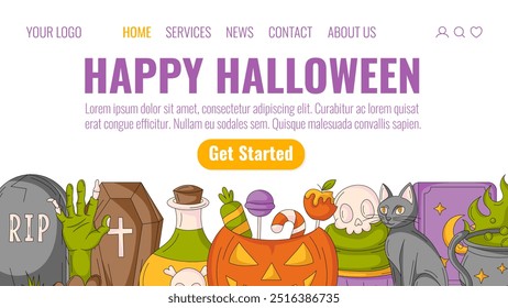 Halloween landing page vector template. Holiday flat bottom frame. Scary, spooky colorful icons. Tombstone, coffin, zombie hand, pumpkin, black cat. For website, web page, online, banner, party, sale