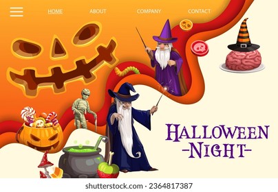 Halloween landing page and web banner with vector trick or treat holiday horror night characters. Cartoon Halloween trick or treat candies in pumpkin basket, wizard and mummy, witch hat and potion