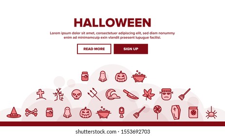Halloween Landing Web Page Header Banner Template Vector. Pumpkin And Skull, Hat And Broomstick, Zombie And Ghost Halloween Element Assortment Decoration Illustration