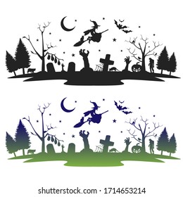 Halloween landmark Graveyard. Panorama vector illustration. Silhouette design holidays.