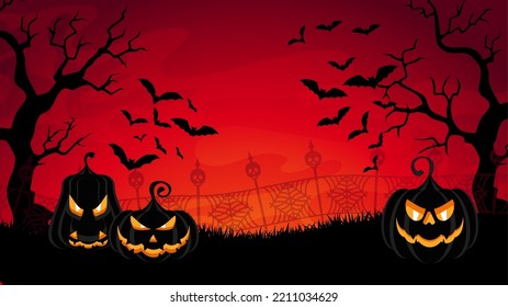 Halloween landscape background. Scary graveyard pumpkins, big ominous moon, creepy dry trees, flying bats. banner for party invitation. Halloween vector illustration.