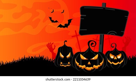 Halloween landscape background. Scary graveyard pumpkins, big ominous moon, creepy dry trees, flying bats. banner for party invitation. Halloween vector illustration.