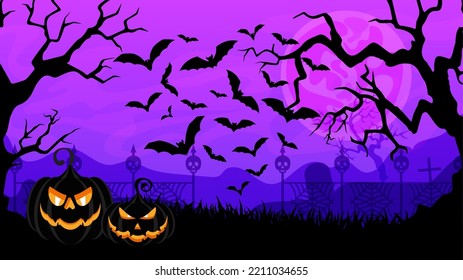 Halloween landscape background. Scary graveyard pumpkins, big ominous moon, creepy dry trees, flying bats. banner for party invitation. Halloween vector illustration.