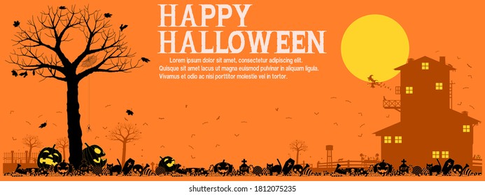 Halloween landscape background. There are 3 unique layer (black,dark orange,yellow) on orange background. Easy to change color which you want
