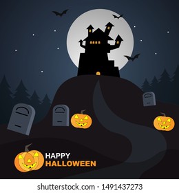 Halloween landscape with castle and cemetery.