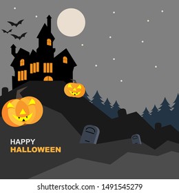 Halloween landscape with castle and cemetery.