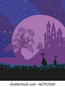 Halloween landscape with castle and cemetery.