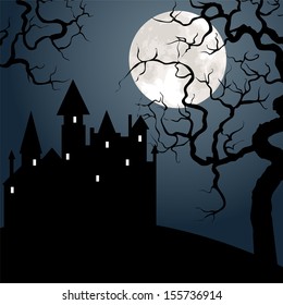 Halloween landscape with castle , tree and moon