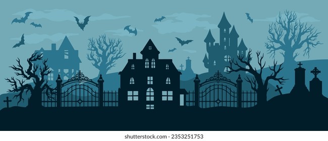 Halloween landscape colorful horizontal banner with castles located near cemeteries and bats for poster design for october 31st vector illustration