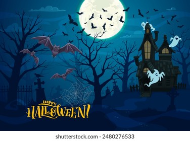 Halloween landscape with dark castle, flying bats and scary ghosts, horror cemetery, creepy trees and cobweb vector background. Halloween haunted house and graveyard landscape with night monsters