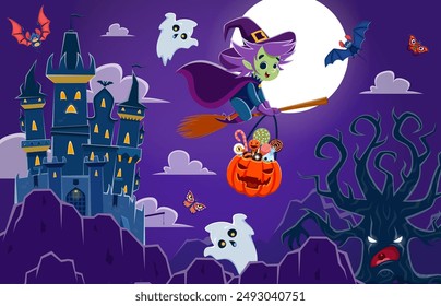 Halloween landscape with flying witch, kawaii ghosts, bats and dark castle in the mountains. Vector spooky night scene with hag riding broom, against the moon, casting an eerie glow on a lurking tree