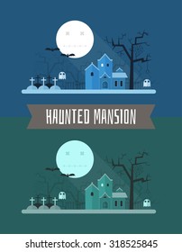 Halloween landscape with full moon night, old haunted mansion, cemetery and gallows tree. Horror or scary story place vector card. Mystic scene.