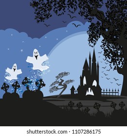 Halloween landscape with ghostly figure and cemetery
