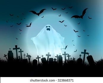 Halloween landscape with ghostly figure and cemetery