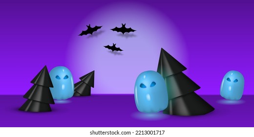 Paisaje de Halloween. Bosque deprimente, murciélagos y pequeños fantasmas azules. Afiche de Halloween con objetos 3d