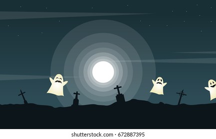 Halloween landscape graveyard with ghost