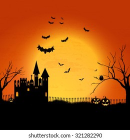 Halloween landscape with haunted house and graveyard