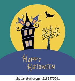 Halloween landscape with a haunted house, a tree silhouette, a bat, and a full moon as a background. Halloween party leaflet or a card. Vector illustration.