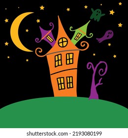 Halloween landscape with a haunted house, a tree silhouette, ghosts, stars and a moon. Halloween party leaflet or a card. Vector illustration.