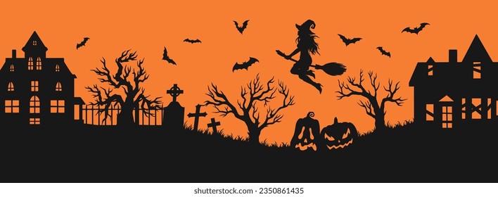 Halloween landscape horizontal banner colorful with witch flying over festive pumpkins and abandoned mansions near graves vector illustration