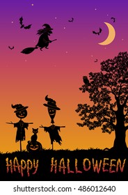Halloween Landscape with Inscription, Black Silhouettes Witch on a Broom and Bats in Sky, Oak Tree with Owl, Pumpkin Jack-O-Lantern, Scarecrows and Cat. Vector