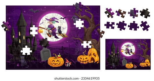 Piezas de juego de rompecabezas del paisaje de Halloween. Bruja de caricatura y calabazas en el cementerio. Juego de coincidencia de fragmentos derecho, búsqueda de figuras vector de actividad de reproducción hoja de cálculo con caracteres Halloween