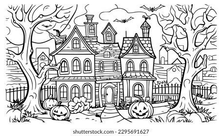 Página de colorear para niños del paisaje de Halloween