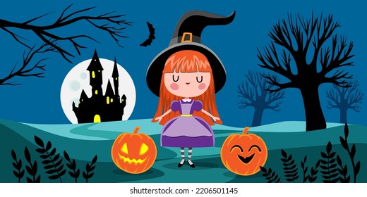 
halloween landscape with little witch and pumpkins