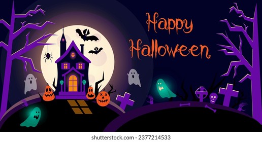 Halloween landscape on dark background with haunted house, pumpkins, ghosts, bats and graveyard. Vector Flat Illustration. Full Moon Night in Spooky Forest. 