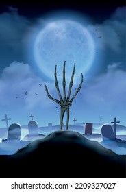 Halloween landscape realistic vertical composition with nocturnal cemetery scenery and skeleton hand raising from the ground vector illustration