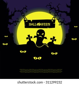 Halloween landscape with scary trees, ghosts, graves and crosses on big yellow moon background. Vector