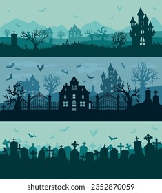 Halloween landscape set banners colorful with castles where witches or werewolves live and gravestones on night october 31 vector illustration