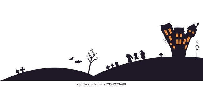 Paisaje de Halloween, silueta con casa embrujada, niños disfrazados, cementerio, murciélagos, árboles frontera horizontal. Ilustración vectorial dibujada a mano. Diseño de estilo plano. Impresión de vacaciones de otoño, elemento de banner