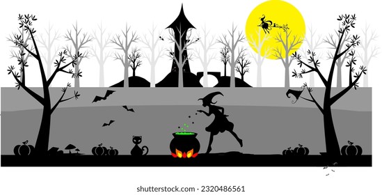 halloween landscape silhouette witch dark vector