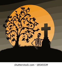 Halloween landscape with skeleton and falls